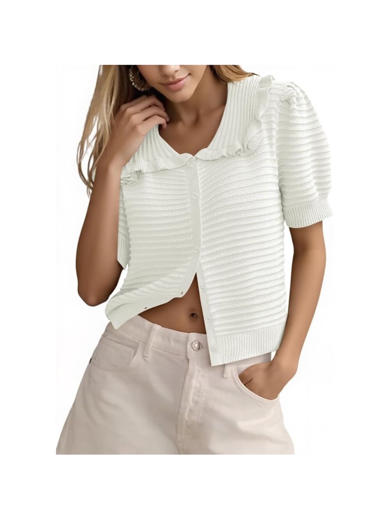 Womens Ruffle Cardigan Sweater Puff Short Sleeve Button Up Eyelet Tops Ribbed Kn